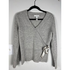 Lucy & Laurel Wrap Sweater | Medium | Gray Lambswool Angora Satin Bow Luxury